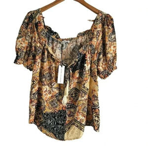 Cupcakes and Cashmere Size S Valeska Blouse square neck Top Shirt Black Paisley